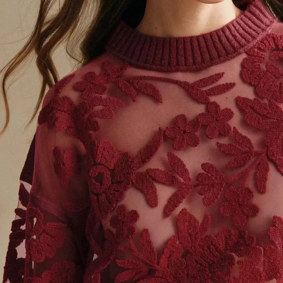 Burgundy Casual Women's Floral Pattern Round Neck Long Sleeve Knit Sweater - Picture 3 of 6